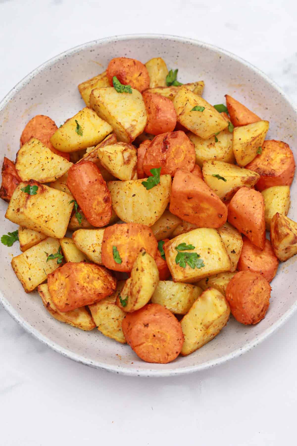 served in a bowl and garnished with parsley.