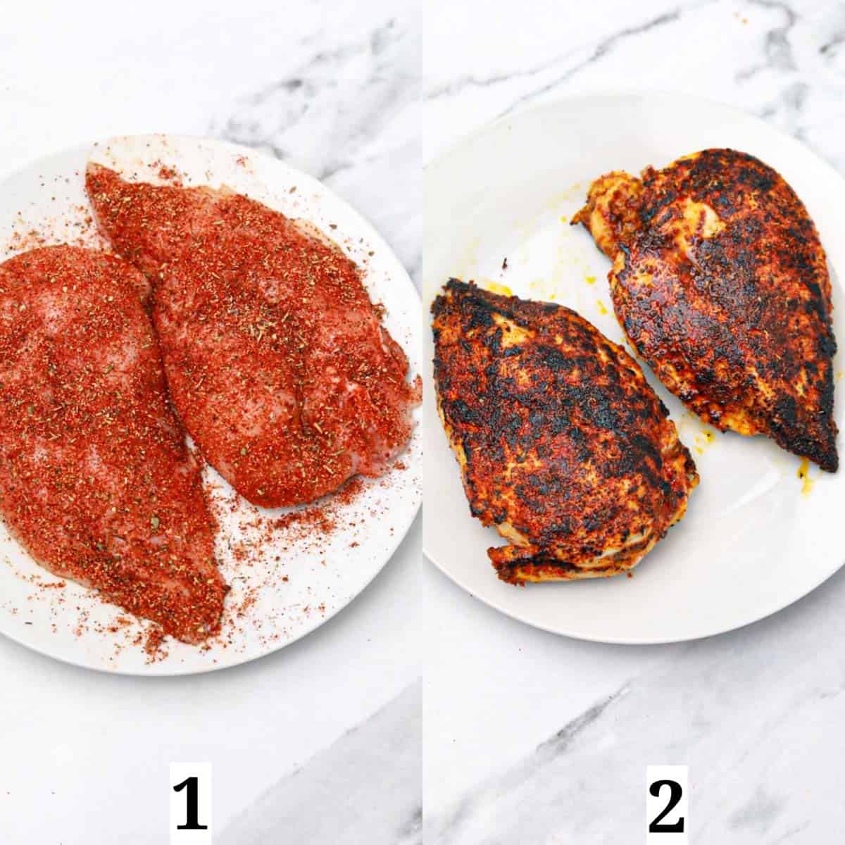 collage of seasoned chicken and blackened chicken on a plate.