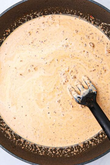 blackened sauce in a pan.
