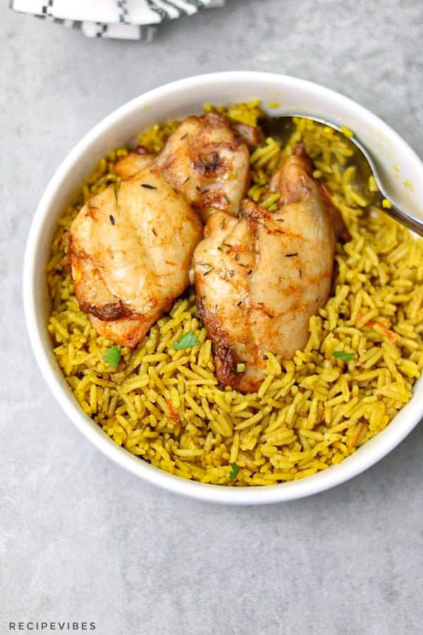 curry rice served with chicken.