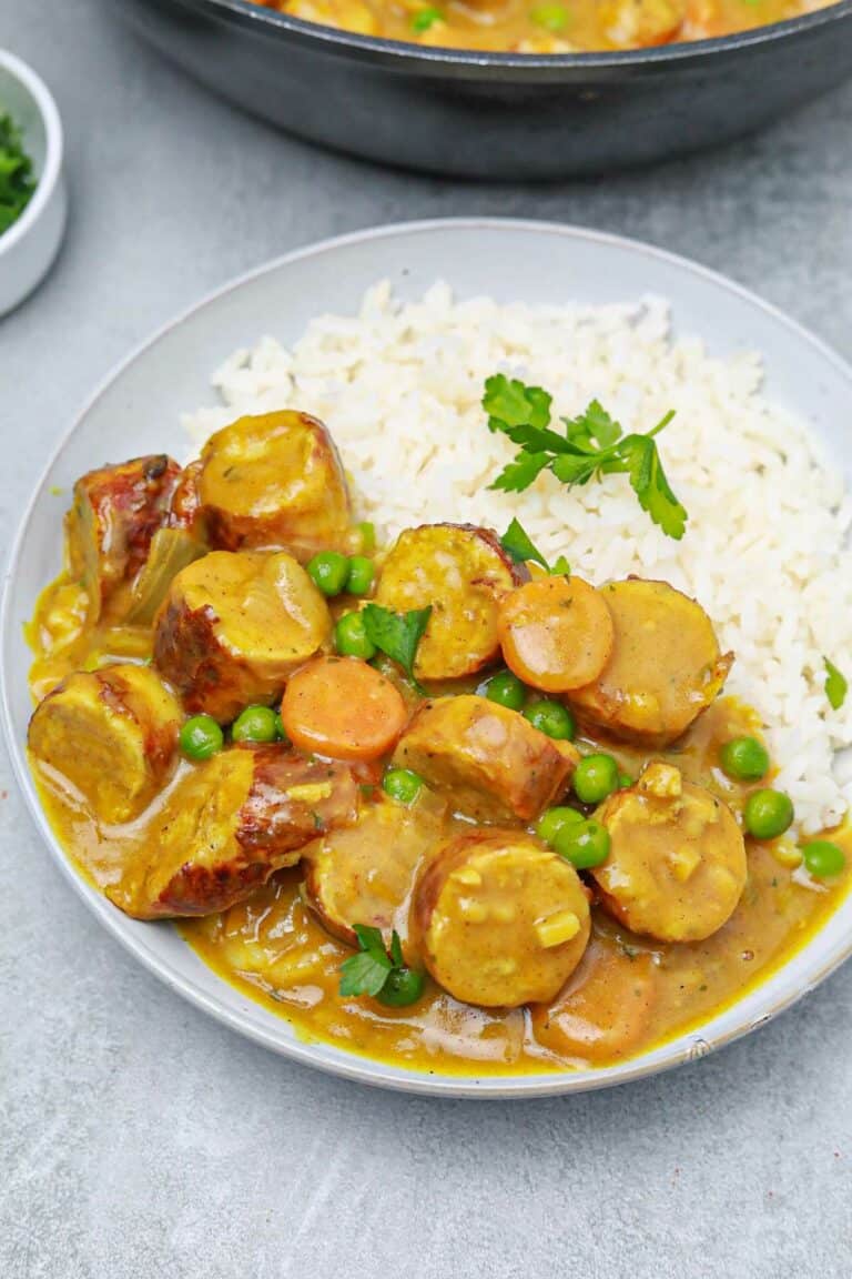 sausage curry served on rice.
