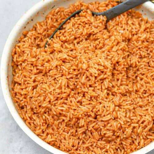 seasoned rice in a skillet.