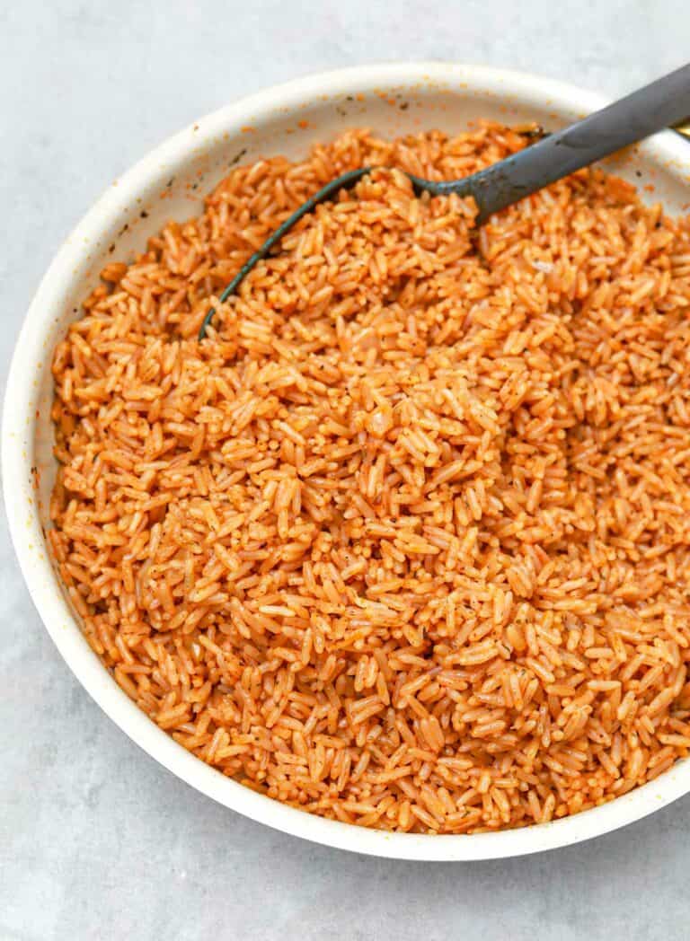 seasoned rice in a skillet.