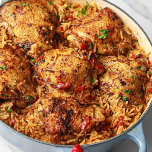 Cajun chicken and rice in a pot.