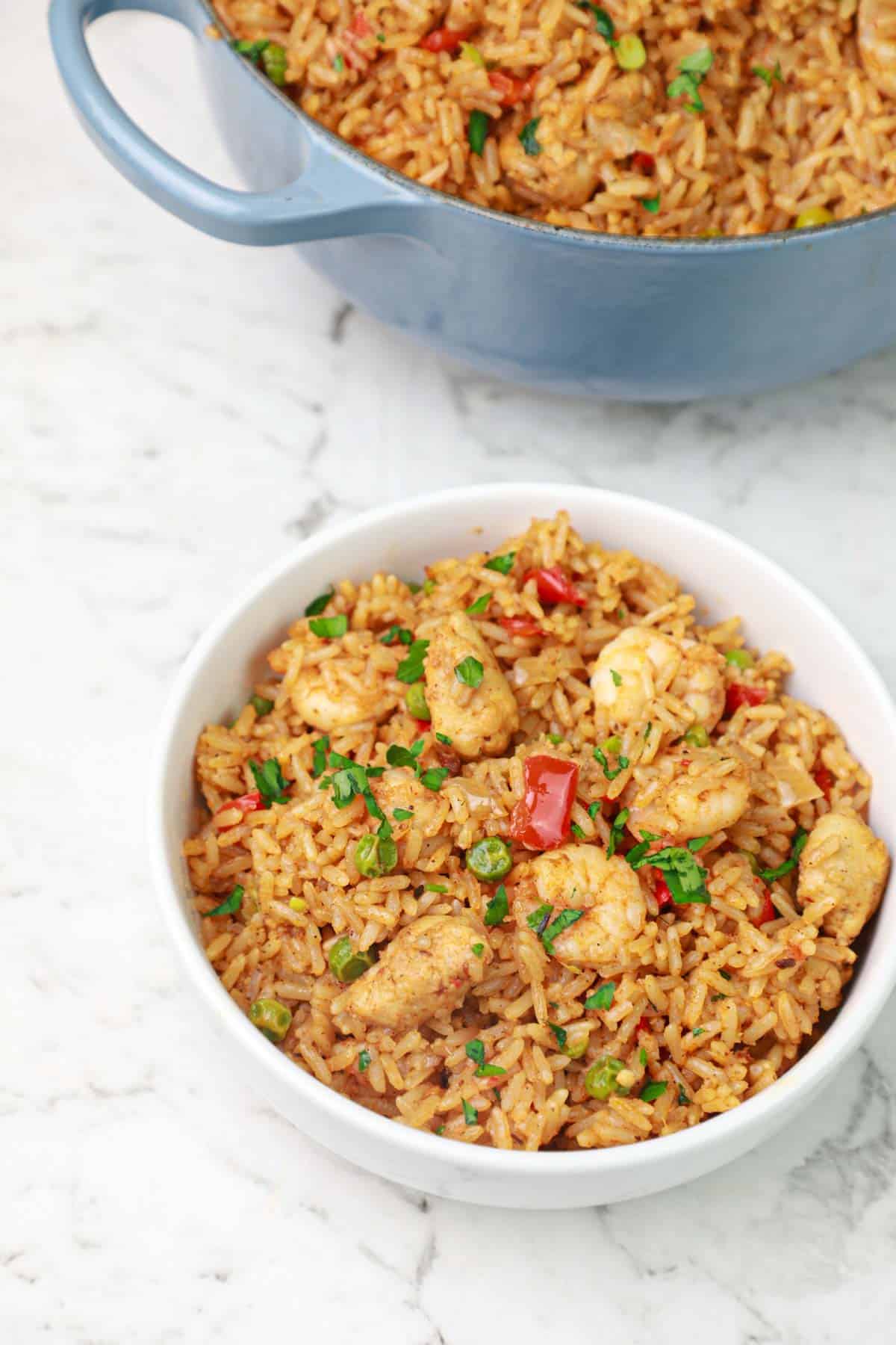 shrimp and sausage rice served.