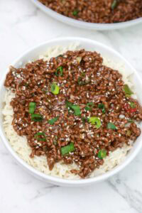 Mongolian ground beef served on rice.
